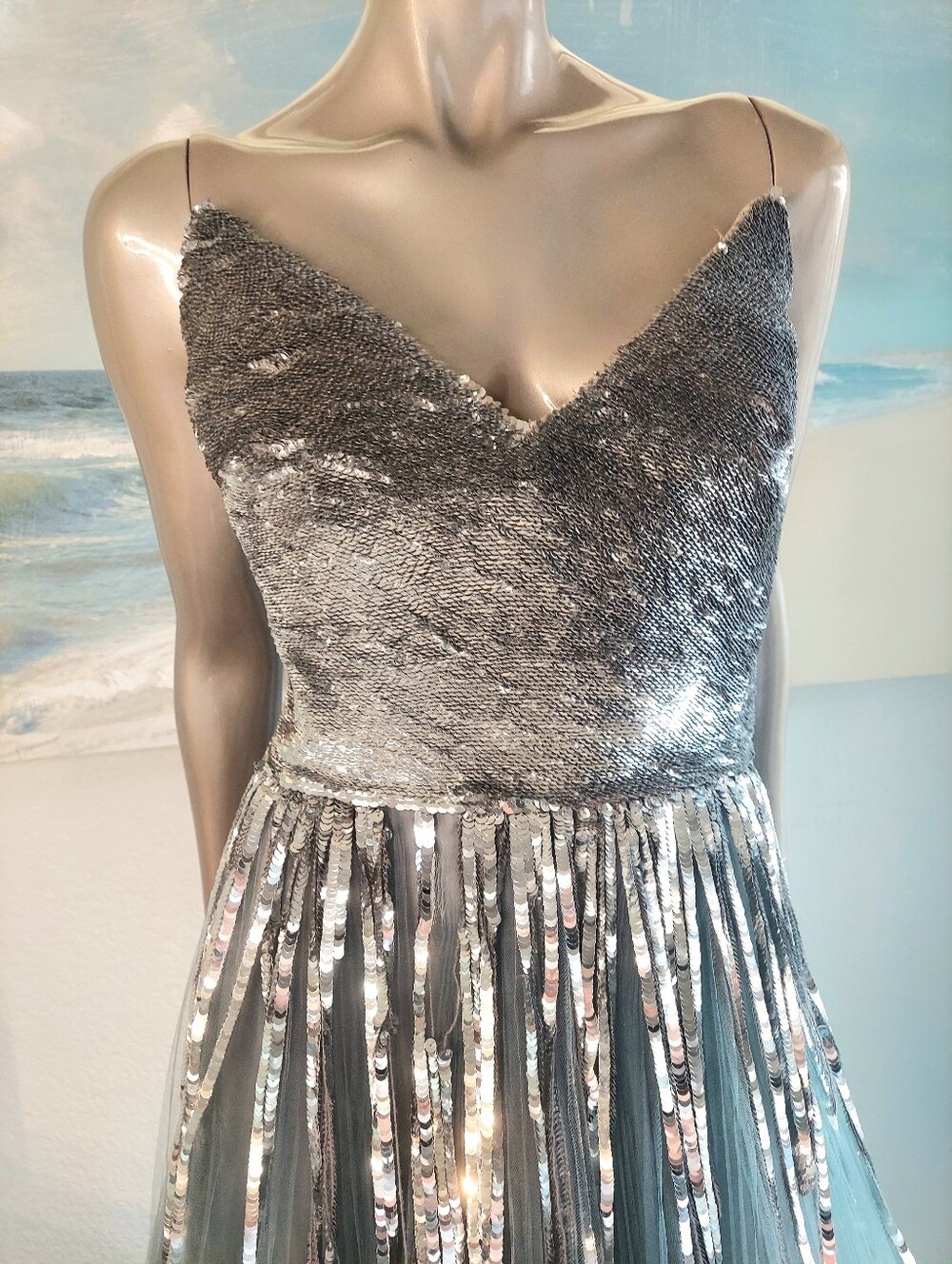 $13,900 NEW W. TAG OSCAR DE LA RENTA SLATE BLUE SILVER SEQUIN TULLE GOWN US 8 - Picture 4 of 12